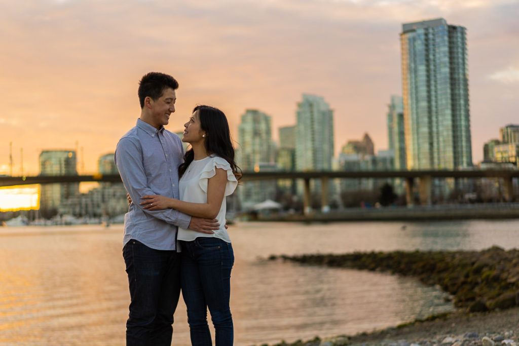 couple during sunset at Olympic Village engagement portraits