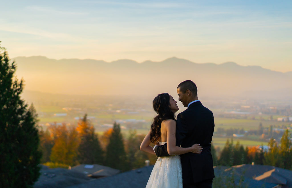 Bride and groom overlooking chilliwack for their wedding