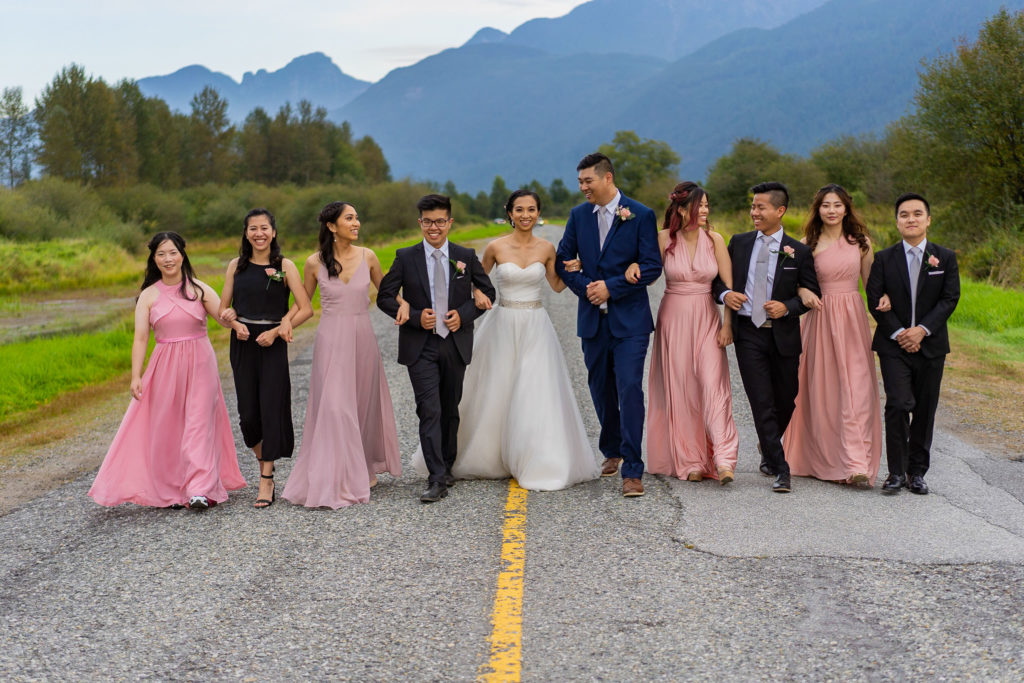 group photos of the bridal party after the ceremony out at Pitt Lake 