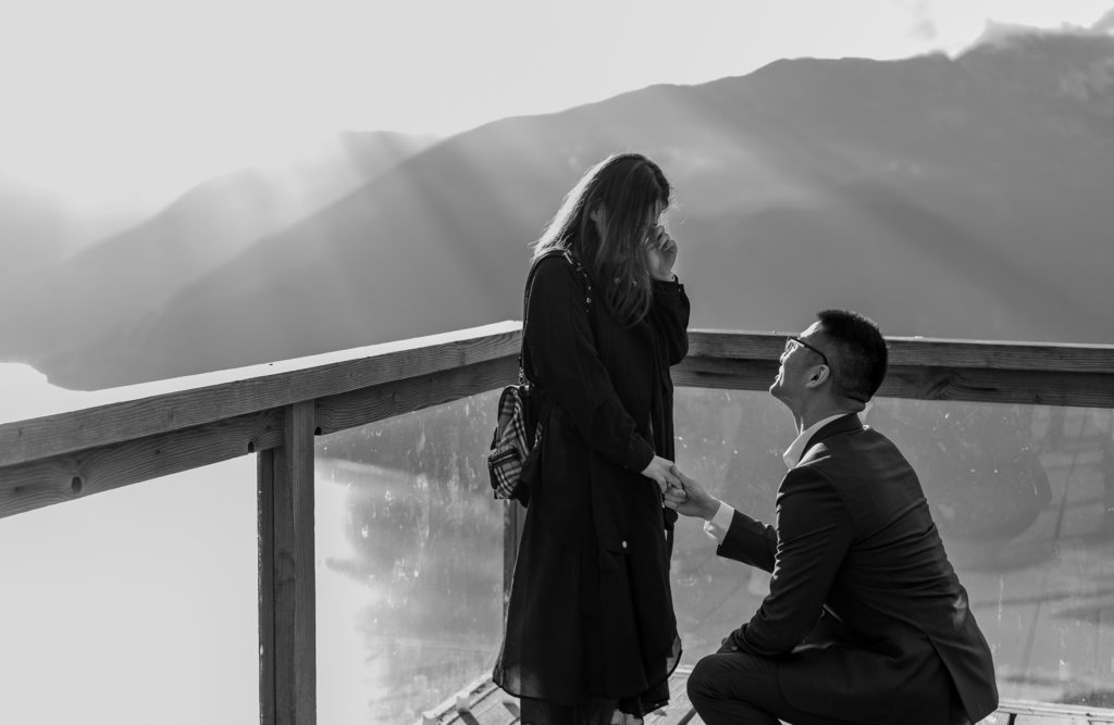 Girlfriend crying as the boyfriend is proposing at Sea to Sky Gondola