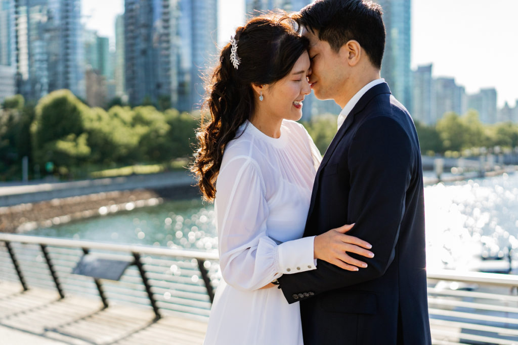 engagement session in front of Vancouver Convention Centre 