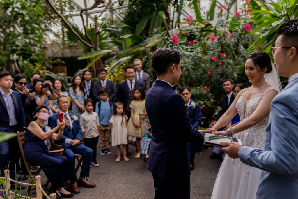 intimate summer wedding inside Bloedel Conservatory with guests looking at bride and groom