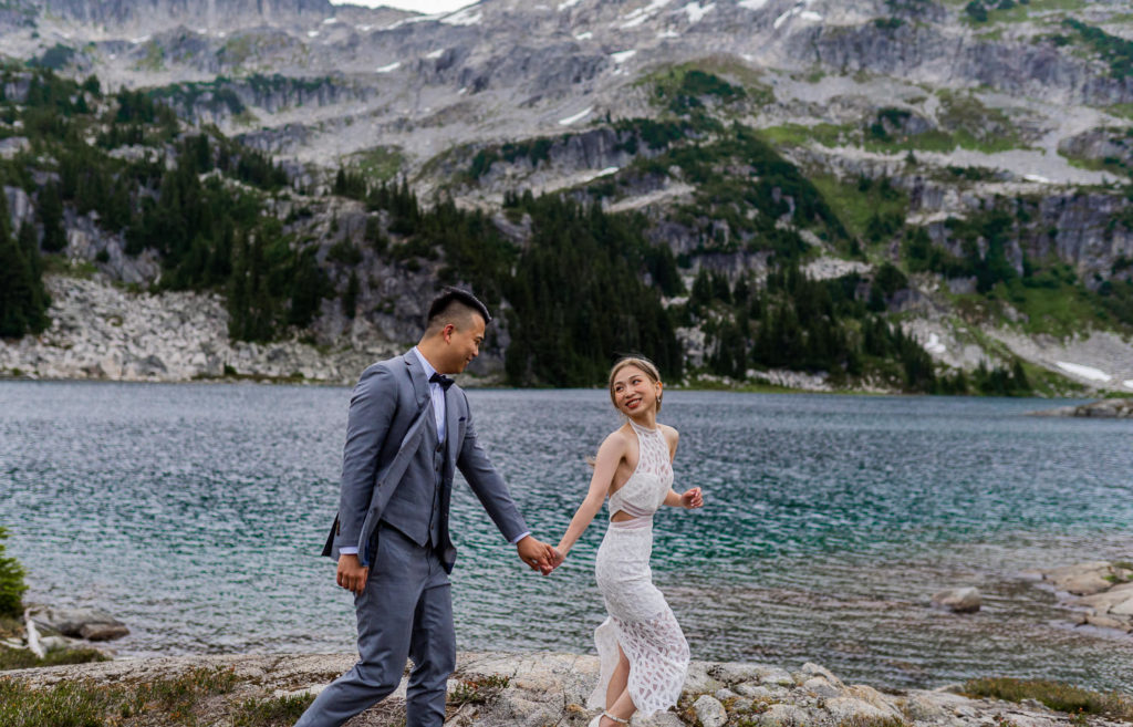 couple celebrating at Beverley Lake Whistler Wedding