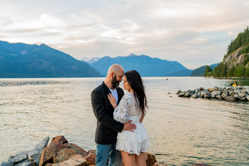 couple embracing each other during their Porteau Cove engagement