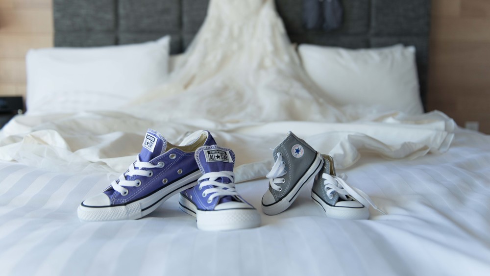 Converse shoes and wedding dress during getting ready at Cowichan Bay