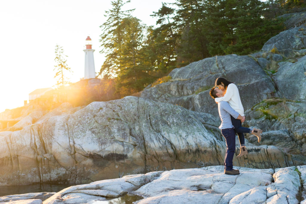 Lighthouse Park Engagement photo at the view point during sunset 