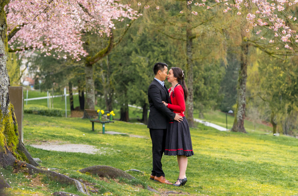 Deep Cove Engagement photos with cherry blossoms