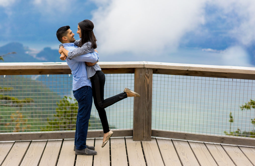 An engagement session on a foggy day at Sea to Sky Gondola