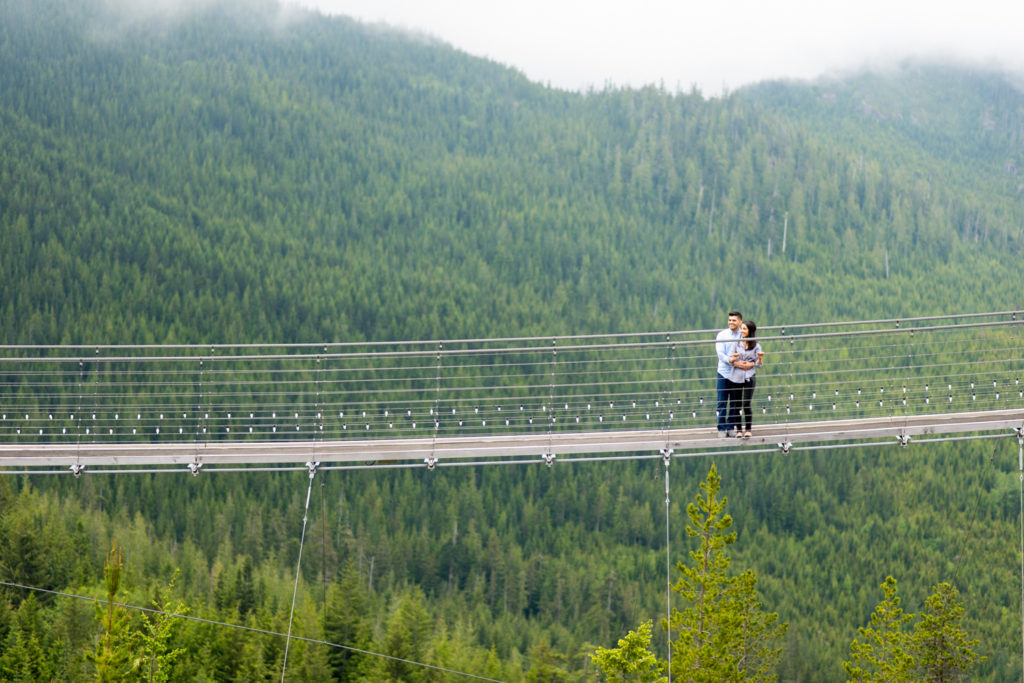 Engagement photo on the bridge after their Sea to Sky Gondola Proposal