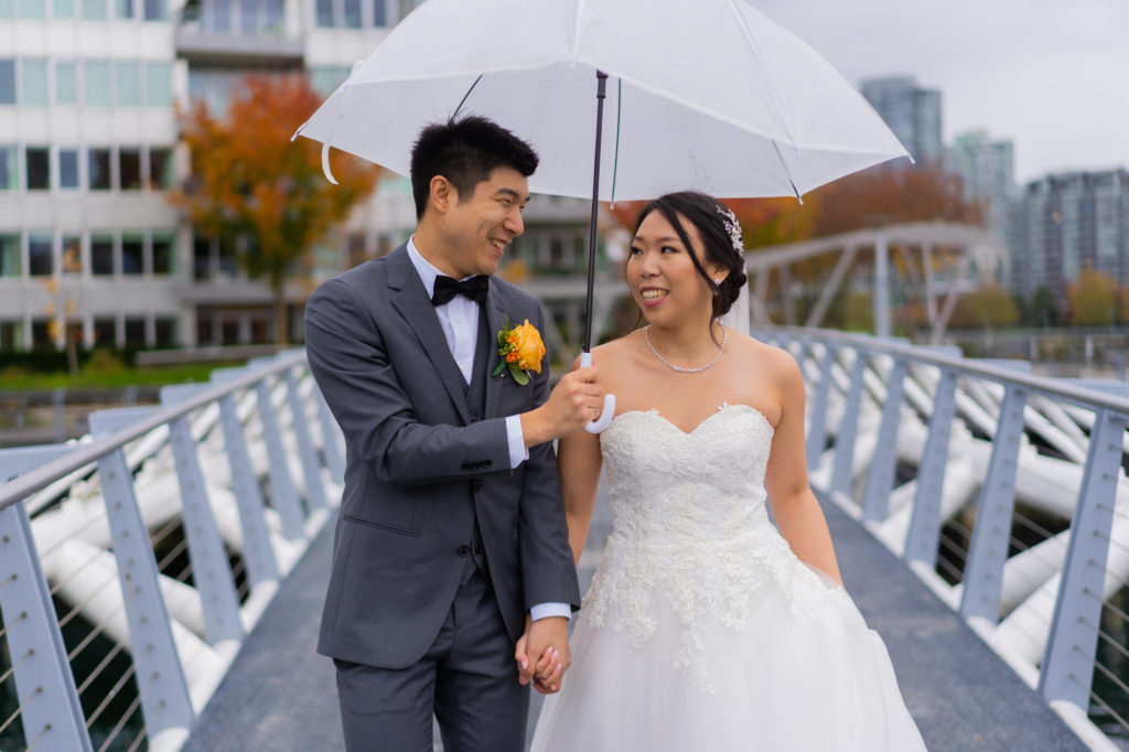 Olympic Village Vancouver Wedding Photos in the rain 