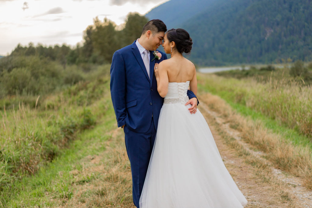 Bride and Groom at Pitt Lake for wedding portraits