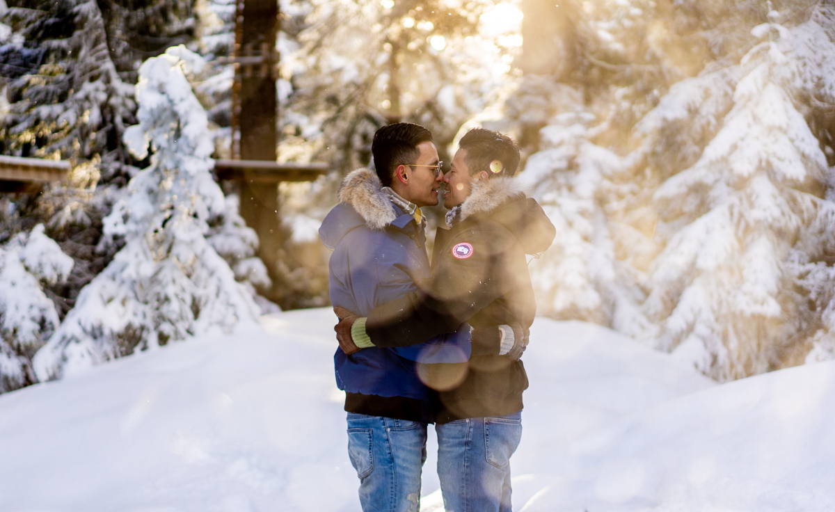 Gay couple Grouse Mountain engagement session during sunset